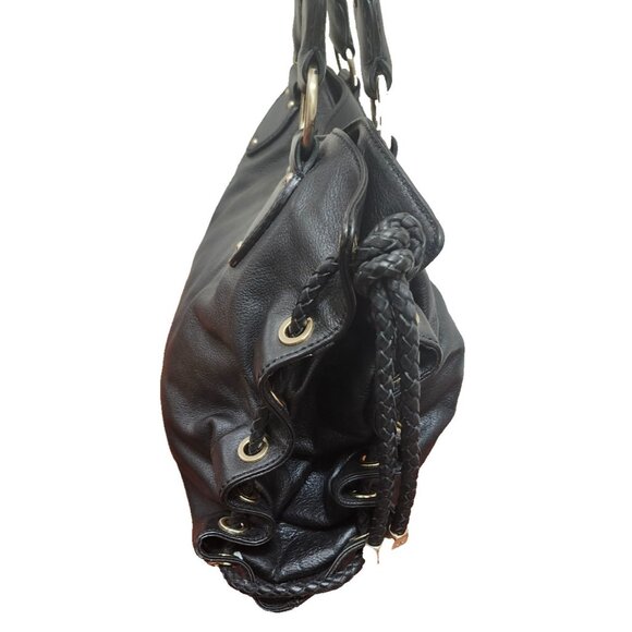 Michael Kors Black Leather Braided Handle Tote Satchel Whipstitch Grommet Large - Picture 5 of 14